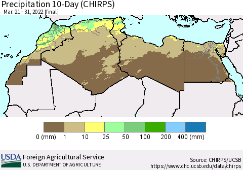 North Africa Precipitation 10-Day (CHIRPS) Thematic Map For 3/21/2022 - 3/31/2022