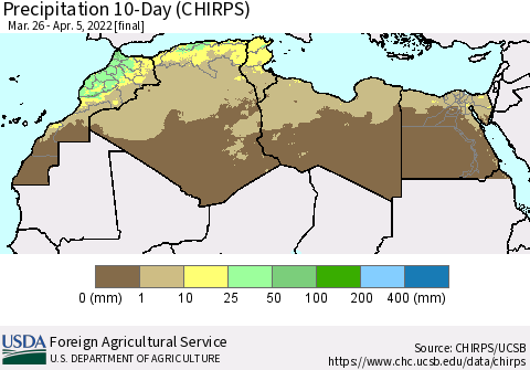 North Africa Precipitation 10-Day (CHIRPS) Thematic Map For 3/26/2022 - 4/5/2022