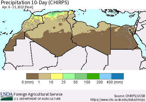 North Africa Precipitation 10-Day (CHIRPS) Thematic Map For 4/6/2022 - 4/15/2022