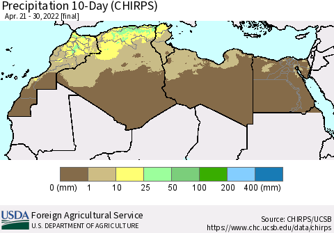 North Africa Precipitation 10-Day (CHIRPS) Thematic Map For 4/21/2022 - 4/30/2022