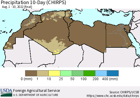 North Africa Precipitation 10-Day (CHIRPS) Thematic Map For 8/1/2022 - 8/10/2022