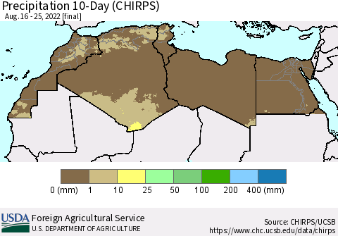 North Africa Precipitation 10-Day (CHIRPS) Thematic Map For 8/16/2022 - 8/25/2022