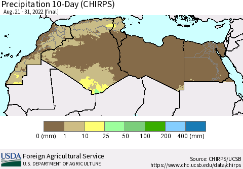 North Africa Precipitation 10-Day (CHIRPS) Thematic Map For 8/21/2022 - 8/31/2022