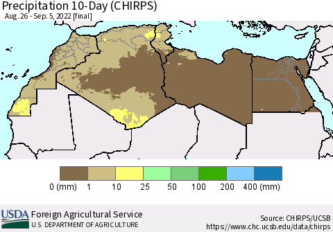 North Africa Precipitation 10-Day (CHIRPS) Thematic Map For 8/26/2022 - 9/5/2022
