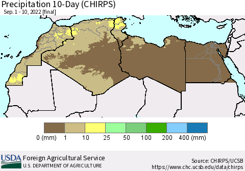 North Africa Precipitation 10-Day (CHIRPS) Thematic Map For 9/1/2022 - 9/10/2022
