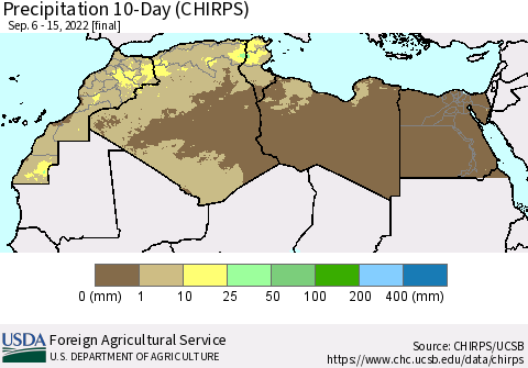 North Africa Precipitation 10-Day (CHIRPS) Thematic Map For 9/6/2022 - 9/15/2022