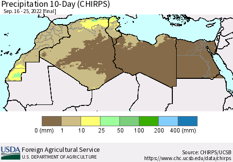 North Africa Precipitation 10-Day (CHIRPS) Thematic Map For 9/16/2022 - 9/25/2022