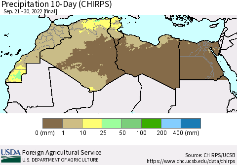 North Africa Precipitation 10-Day (CHIRPS) Thematic Map For 9/21/2022 - 9/30/2022