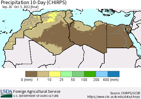 North Africa Precipitation 10-Day (CHIRPS) Thematic Map For 9/26/2022 - 10/5/2022