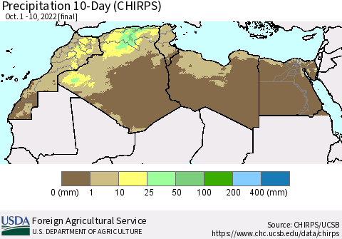North Africa Precipitation 10-Day (CHIRPS) Thematic Map For 10/1/2022 - 10/10/2022