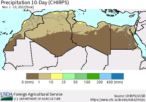 North Africa Precipitation 10-Day (CHIRPS) Thematic Map For 11/1/2022 - 11/10/2022