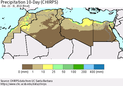 North Africa Precipitation 10-Day (CHIRPS) Thematic Map For 12/21/2022 - 12/31/2022