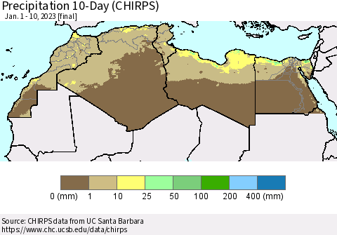 North Africa Precipitation 10-Day (CHIRPS) Thematic Map For 1/1/2023 - 1/10/2023