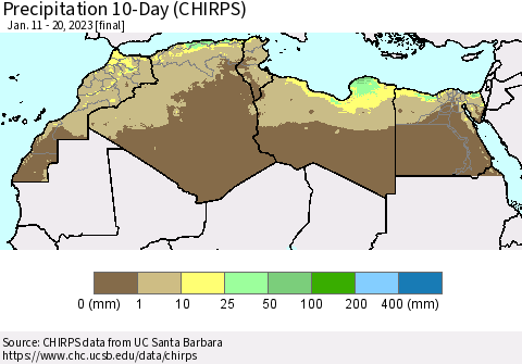 North Africa Precipitation 10-Day (CHIRPS) Thematic Map For 1/11/2023 - 1/20/2023