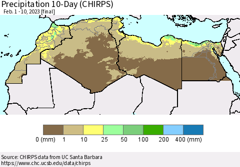 North Africa Precipitation 10-Day (CHIRPS) Thematic Map For 2/1/2023 - 2/10/2023