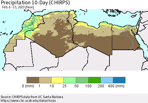 North Africa Precipitation 10-Day (CHIRPS) Thematic Map For 2/6/2023 - 2/15/2023