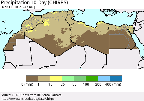North Africa Precipitation 10-Day (CHIRPS) Thematic Map For 3/11/2023 - 3/20/2023