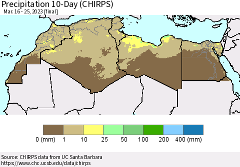 North Africa Precipitation 10-Day (CHIRPS) Thematic Map For 3/16/2023 - 3/25/2023