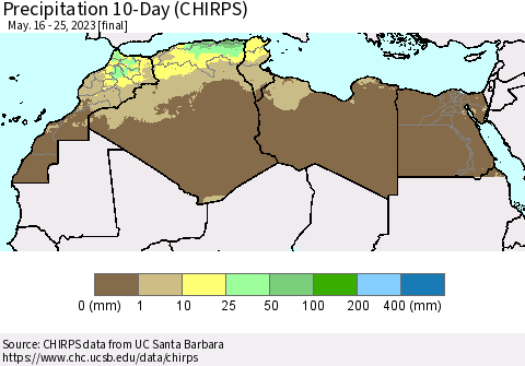 North Africa Precipitation 10-Day (CHIRPS) Thematic Map For 5/16/2023 - 5/25/2023