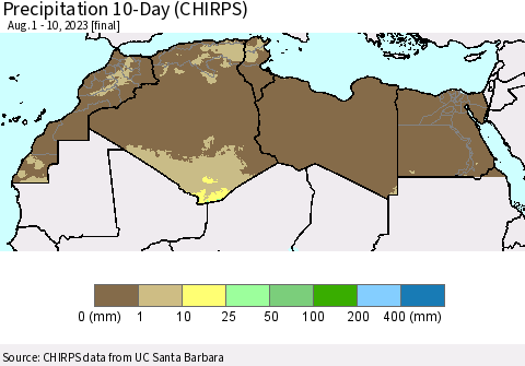 North Africa Precipitation 10-Day (CHIRPS) Thematic Map For 8/1/2023 - 8/10/2023
