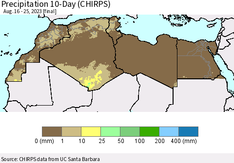 North Africa Precipitation 10-Day (CHIRPS) Thematic Map For 8/16/2023 - 8/25/2023