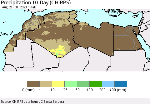 North Africa Precipitation 10-Day (CHIRPS) Thematic Map For 8/21/2023 - 8/31/2023