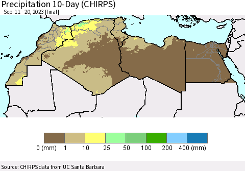 North Africa Precipitation 10-Day (CHIRPS) Thematic Map For 9/11/2023 - 9/20/2023
