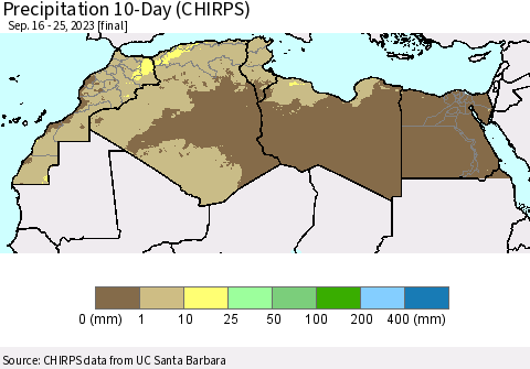 North Africa Precipitation 10-Day (CHIRPS) Thematic Map For 9/16/2023 - 9/25/2023