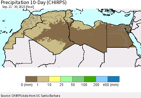 North Africa Precipitation 10-Day (CHIRPS) Thematic Map For 9/21/2023 - 9/30/2023
