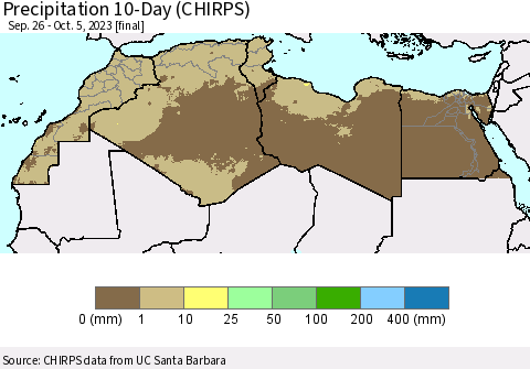 North Africa Precipitation 10-Day (CHIRPS) Thematic Map For 9/26/2023 - 10/5/2023