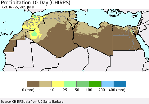 North Africa Precipitation 10-Day (CHIRPS) Thematic Map For 10/16/2023 - 10/25/2023