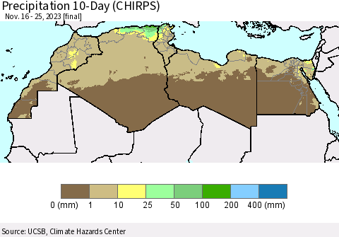 North Africa Precipitation 10-Day (CHIRPS) Thematic Map For 11/16/2023 - 11/25/2023