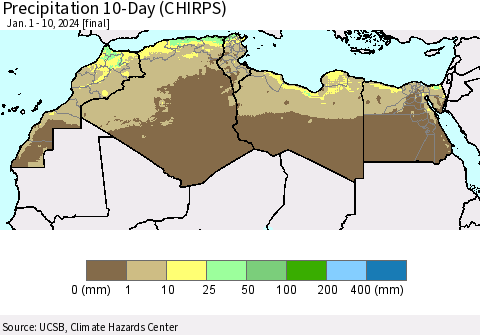 North Africa Precipitation 10-Day (CHIRPS) Thematic Map For 1/1/2024 - 1/10/2024