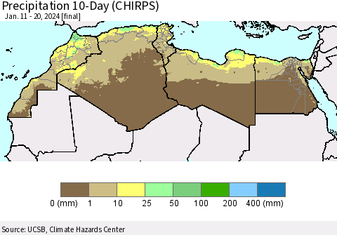 North Africa Precipitation 10-Day (CHIRPS) Thematic Map For 1/11/2024 - 1/20/2024