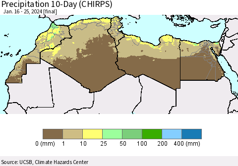 North Africa Precipitation 10-Day (CHIRPS) Thematic Map For 1/16/2024 - 1/25/2024