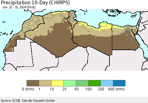 North Africa Precipitation 10-Day (CHIRPS) Thematic Map For 1/21/2024 - 1/31/2024