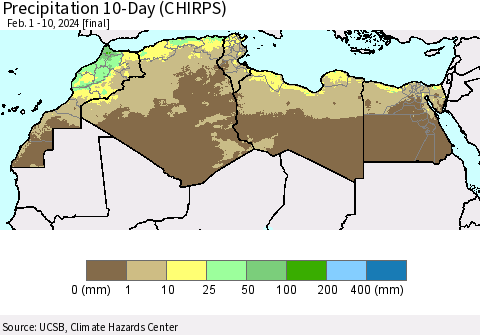 North Africa Precipitation 10-Day (CHIRPS) Thematic Map For 2/1/2024 - 2/10/2024
