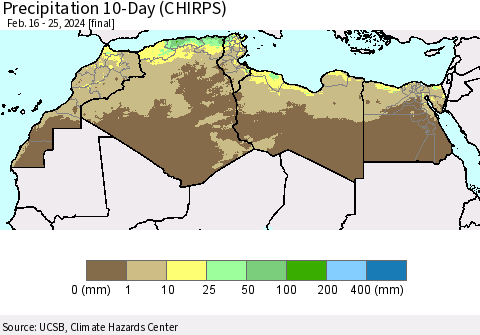 North Africa Precipitation 10-Day (CHIRPS) Thematic Map For 2/16/2024 - 2/25/2024