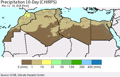 North Africa Precipitation 10-Day (CHIRPS) Thematic Map For 3/11/2024 - 3/20/2024
