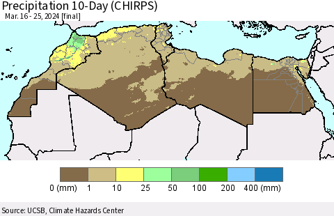 North Africa Precipitation 10-Day (CHIRPS) Thematic Map For 3/16/2024 - 3/25/2024