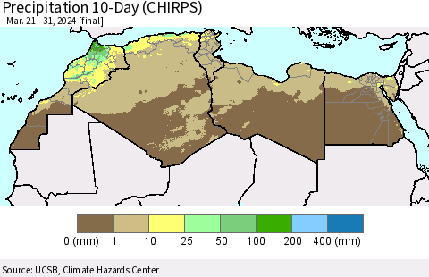 North Africa Precipitation 10-Day (CHIRPS) Thematic Map For 3/21/2024 - 3/31/2024