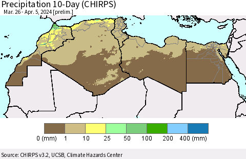 North Africa Precipitation 10-Day (CHIRPS) Thematic Map For 3/26/2024 - 4/5/2024