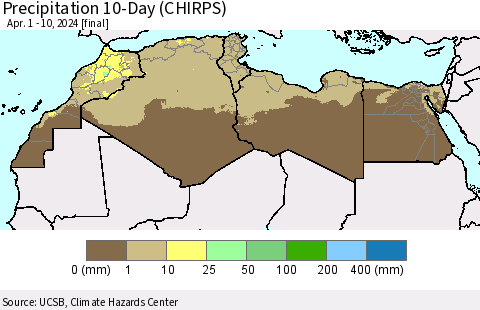 North Africa Precipitation 10-Day (CHIRPS) Thematic Map For 4/1/2024 - 4/10/2024