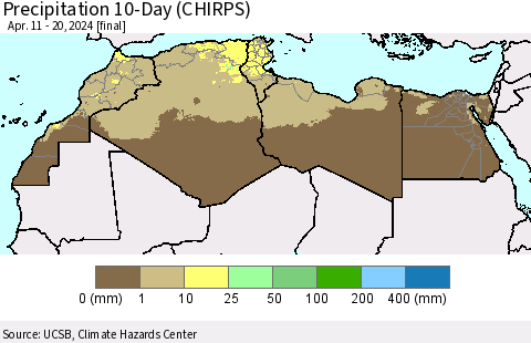 North Africa Precipitation 10-Day (CHIRPS) Thematic Map For 4/11/2024 - 4/20/2024