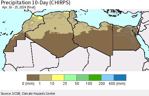 North Africa Precipitation 10-Day (CHIRPS) Thematic Map For 4/16/2024 - 4/25/2024