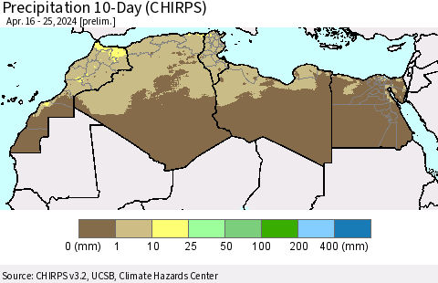 North Africa Precipitation 10-Day (CHIRPS) Thematic Map For 4/16/2024 - 4/25/2024