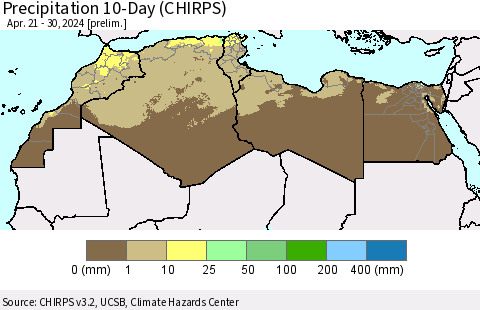North Africa Precipitation 10-Day (CHIRPS) Thematic Map For 4/21/2024 - 4/30/2024