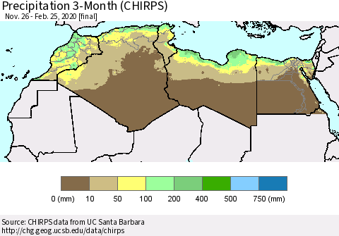 North Africa Precipitation 3-Month (CHIRPS) Thematic Map For 11/26/2019 - 2/25/2020