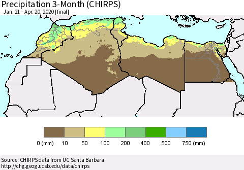 North Africa Precipitation 3-Month (CHIRPS) Thematic Map For 1/21/2020 - 4/20/2020