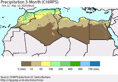 North Africa Precipitation 3-Month (CHIRPS) Thematic Map For 2/11/2020 - 5/10/2020